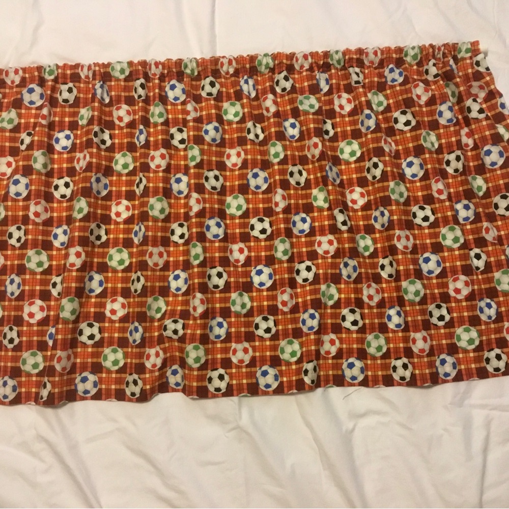Custom made, one of a kind set of 3 soccer ball curtain valances